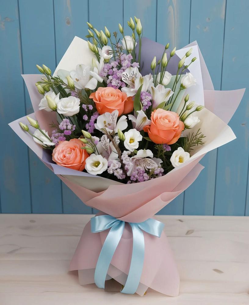 Букет цветов из: Лизиантусы, Розы, Альстромерии и Гипсофила в Троицком